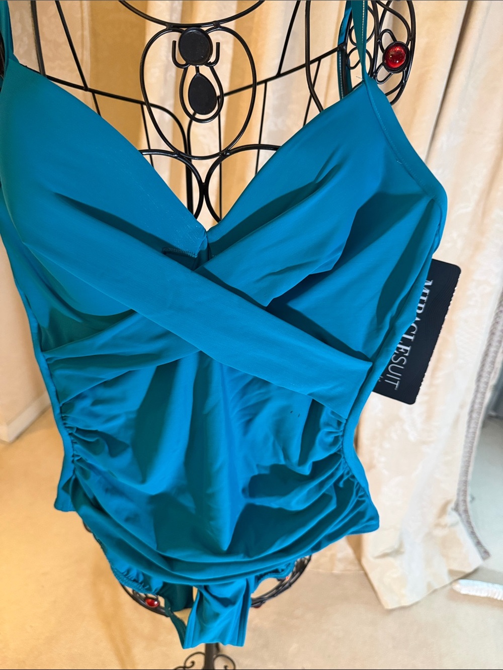 Miraclesuit Teal Blue Ruched Crossover Swim One-Piece. You will look 10lbs less - Picture 4 of 9